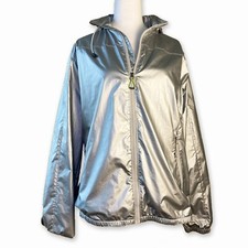 Koppen | Silver Metallic Zip Up Hooded Mesh Lined Windbreaker Jacket | Size L