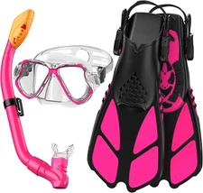 Kids Snorkel Set Mask Fins Dry Top Tube 3-7 Age Swim Goggles Diving Beach PINK