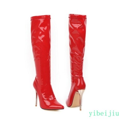 Women's Knee High Boots Patent Shiny Leather Party Go Go Shoes Metal Heels Fall