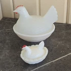 Set Of 2 White Milk Glass Hen On Nest Covered Trinket Candy Dish Chicken Vintage