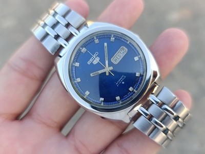 Vintage Seiko 5 Automatic 21J Blue Sunburst Dial SS Men's Japanese Wristwatch