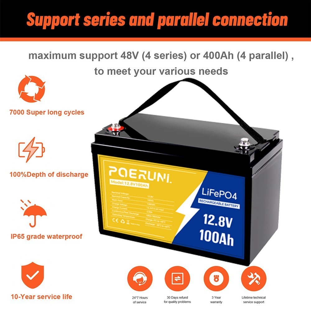 12V 100Ah LiFePO4 Lithium Battery Deep Cycles For RV Solar Off-Grid Built-in BMS