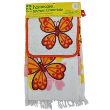Vintage 1970's RIEGEL Orange Butterfly Kitchen Linen Set Pot Holder Dish Towels