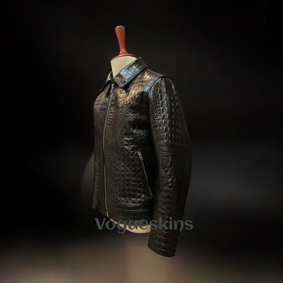 Men's Black Leather Jacket Crocodile Embossed Pattern Alligator