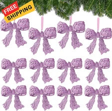 Thyle 12 Pcs Glitter Christmas Bow Ornaments for Tree Purple 