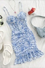 SHEIN Blue & White Floral Ruched Ruffle Hem Strappy Mini Dress XS