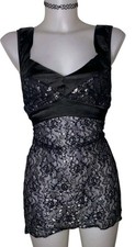 Vtg 90s Womens Black Silver Floral Lace Babydoll Coquette Night Slip Dress Sz M