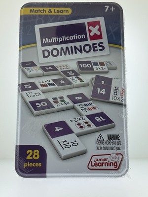 Junior Learning MULTIPLICATION DOMINOES in Tin MATCH & LEARN SEALED 28 PIECES