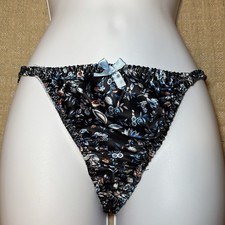 NWOT 90 s Vintage Dark Blue Floral Satin String Bikini Panties Size M/6