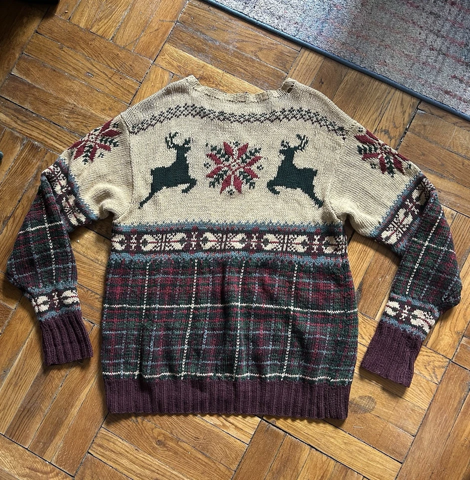 Suéter Grande Polo Ralph Lauren Vintage Años 90 Tejido a Mano Nórdico Country Reno Foto 3 de 4