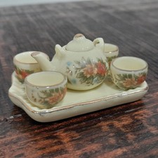 Miniature Porcelain Tea Set 6pc Floral Gold Trim Dollhouse Micro Pot Cups Tray