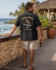 Tommy Bahama Mens XL Black Silk Camp Shirt Hotel Bombay Back Graphic VTG