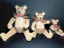 Set of 3 Folk Art Jointed Carved Wooden Brown Bears * Wood * Winter * Vintage
