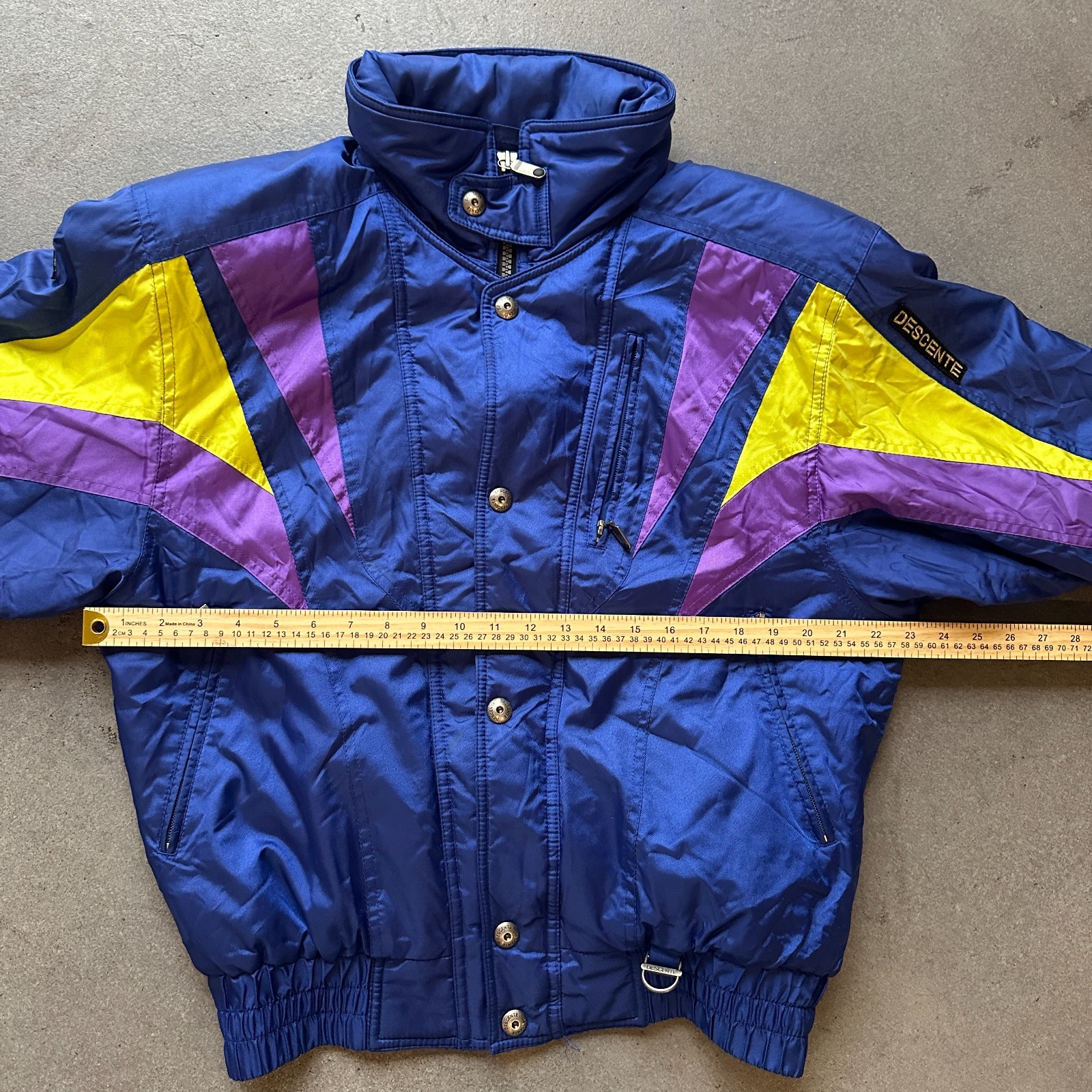 Vintage Descente Ski Jacket Retro Mens M Blue Purple Yellow 90s Colorblock Hood