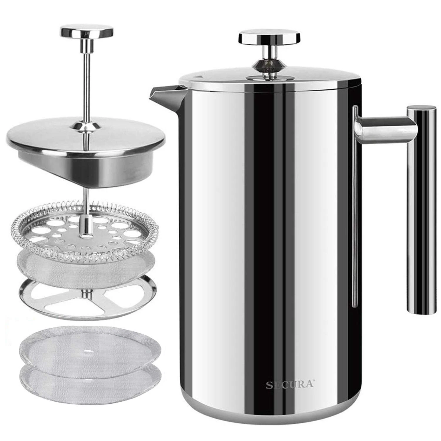 Secura French Press Coffee Maker, 304 Grade Stainless Steel 50 oz, Silver