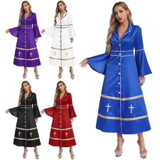 Women Flared Sleeves Clergy Robe Button Down Pastor Dress Cassock Church Costume