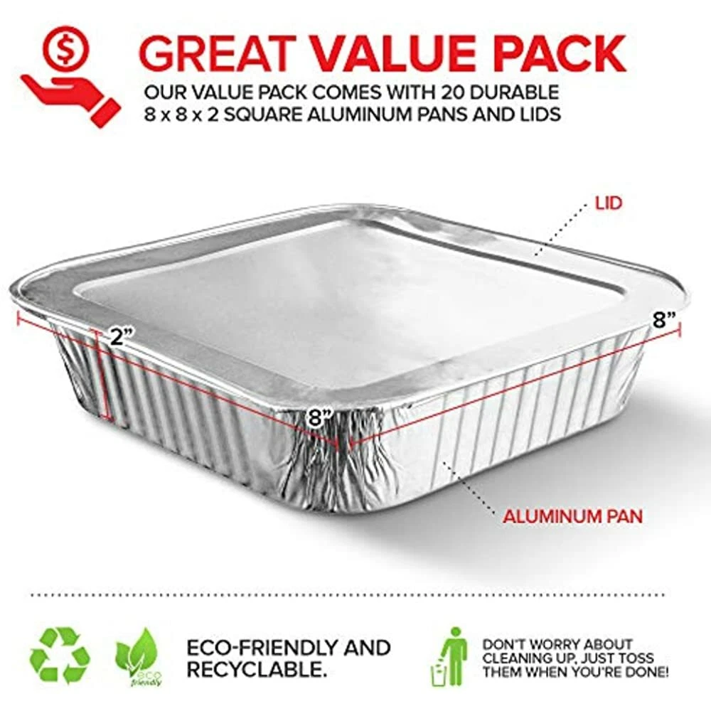 8x8 Foil Pans With Lids (20 Count) Inch Square Aluminum Covers