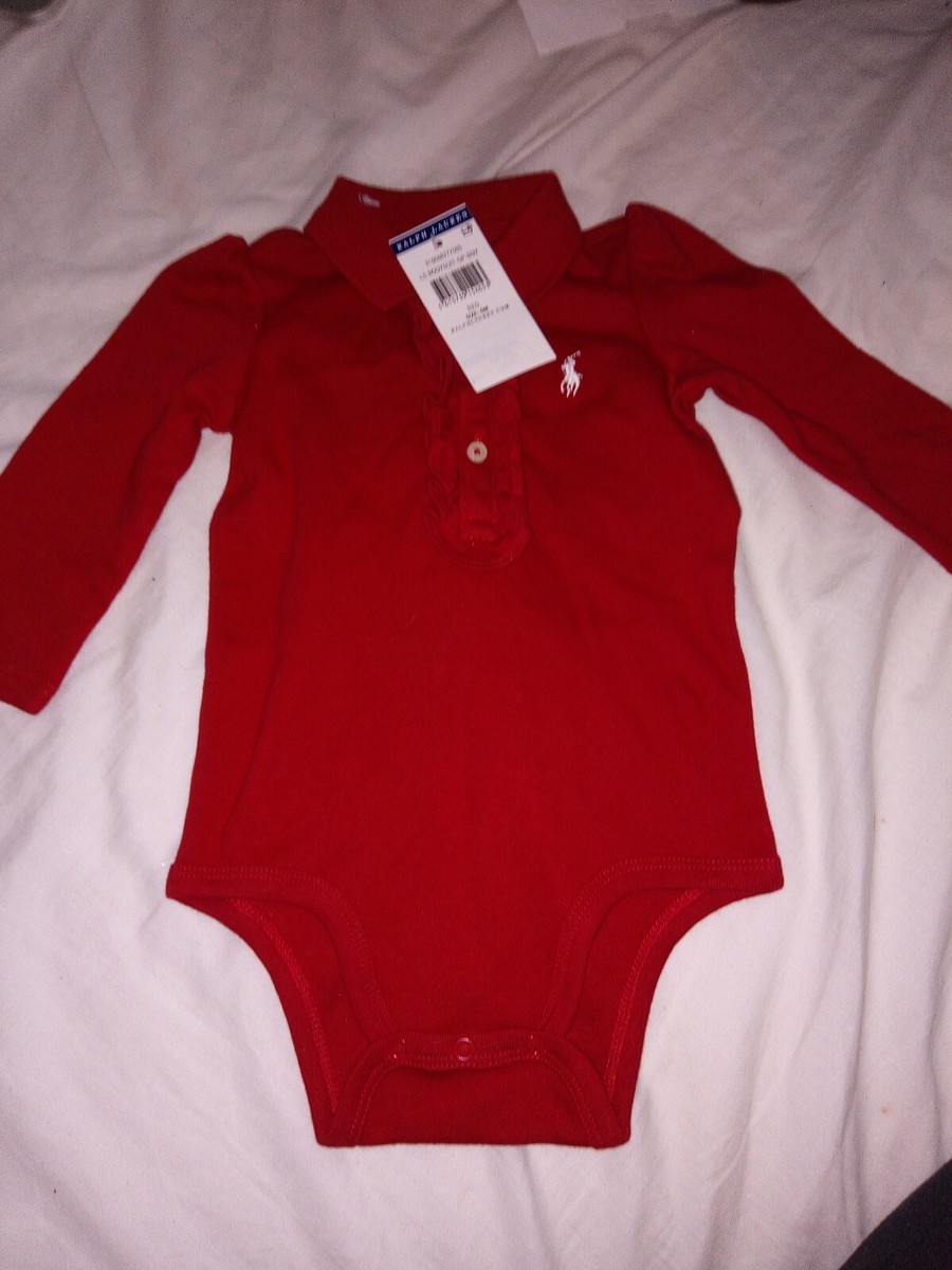 Ralph Lauren Long Sleeve Polo Bodysuit Red 6M UK