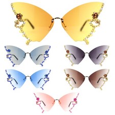 Sparkling Rhinestone Jewel Trim Butterfly Shape Rimless Sunglasses