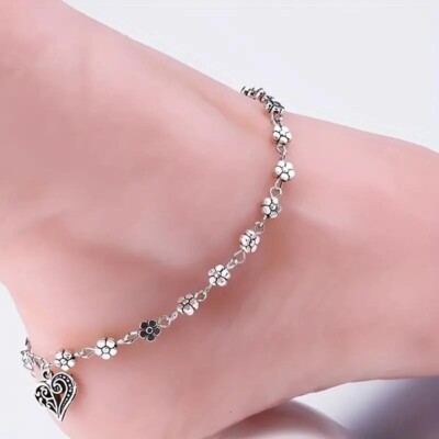 Women Boho Love Heart Pendant Bead Anklet Flower Shape Silvery Adjustable Chain