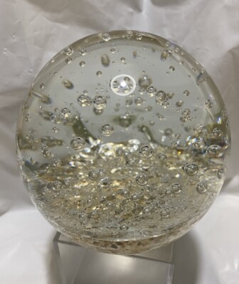 Paperweight Two's Company Hand Blown Glass Sphere Bubbles Gold Specks 3 1/2'' 