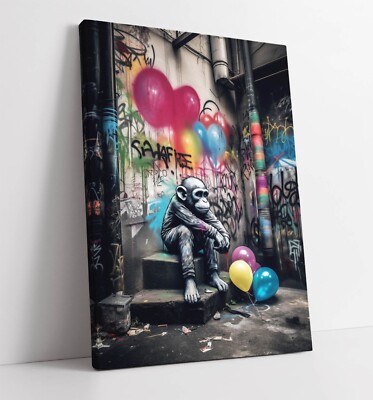 GRAFFITI AFFE MIT BALLONS BANKSY - TIEF GERAHMTES LEINWANDBILD WANDBILD BILD DRUCK