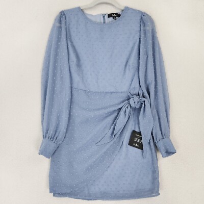 Lulus Dress Womens Small Blue Much Love Swiss Dot Tie Front Long Sleeve  Mini NEW