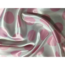 Pink on White Polka Dots - Faux Silk Charmeuse Satin Fabric