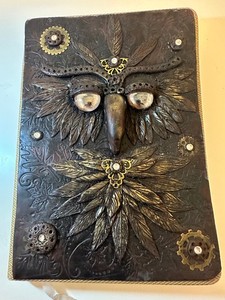 OOAK Steampunk “Green Man” Art Journal Sculpted Face w/ Glass Eyes Mixed Media