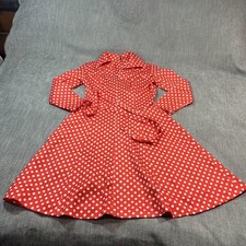 Vtg Polka Dot Retro Fit Flare Dress W S Red Belt Collar Pin Up Rockabilly LS