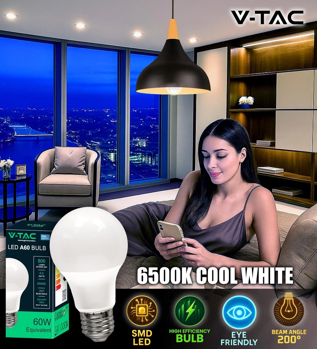 V TAC 10x Bombillas LED E27-8,5W [ALTÍSIMA EFICIENCIA] A60 (Equivalente a 60W)