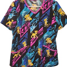 Disney Lion King Simba Scrub Top Black Multicolor Pockets Medium Medical