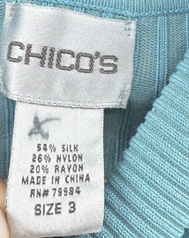 Suéter Chico's Azul Turquesa Acanalado Mezcla Seda Cuello Alto Ligero Talla 3 Foto 4 de 4
