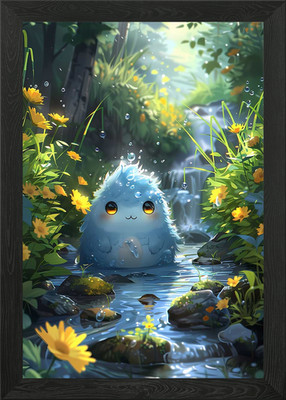 Niedliche blaue Kreatur im Waldbach gerahmtes Wandbild Poster Leinwanddruck Bild