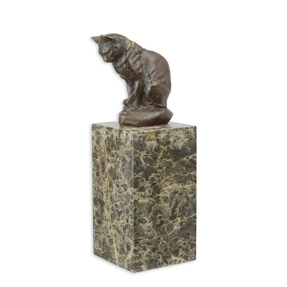Bronze Sculpture of a Sitting Cat on a black marble base Signed
