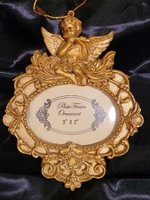 Cherub Angel Photo Picture Frame Ornament Gold Tone 3" x 2" Photo Area