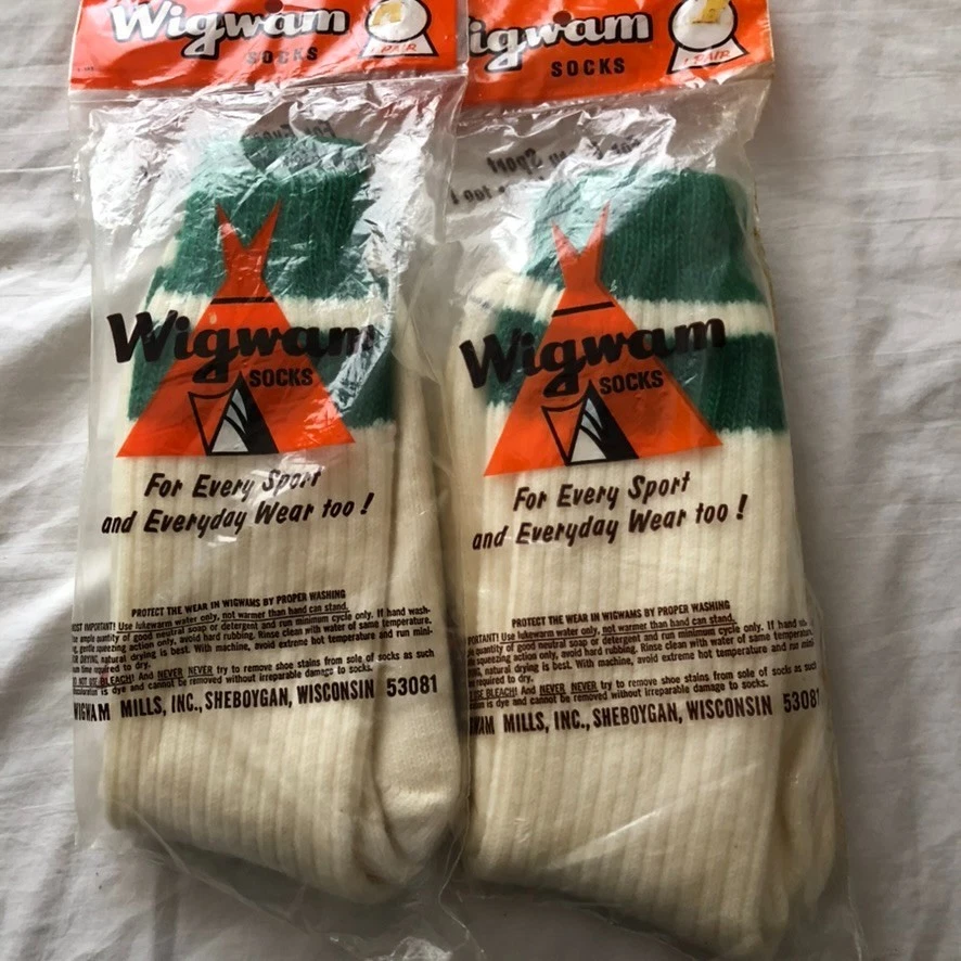 Wigwam socks wool blend size 9-11 white green bands lot of 2 pair vintage