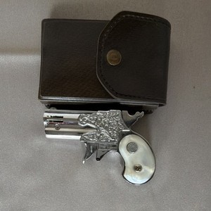 Gun-Shaped Decorative Lighter with Case, Silver Tone, Pearl Handle