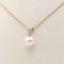 14k Gold Natural Diamond Akoya Pearl Pendant Necklace 18in New
