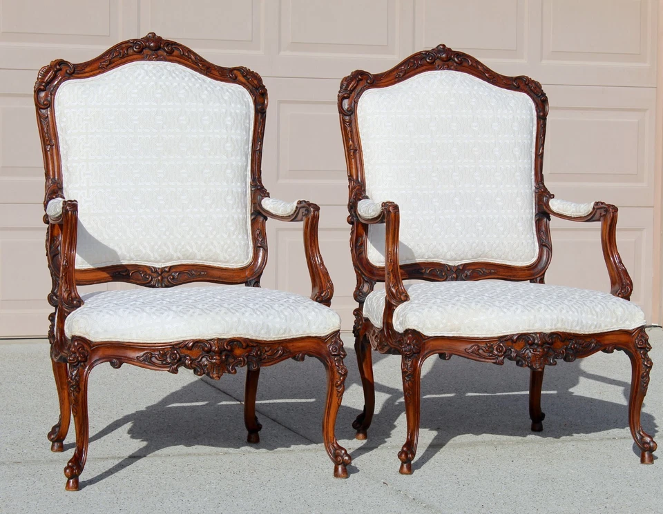 Antique French White Upholstered Walnut Armchairs | 19th Century Hand-Carved - Image 2 of 4