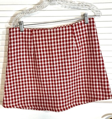 GLAM Tweed Red Gingham Gold Metallic Thread Large Mini Skirt Women 16  Length