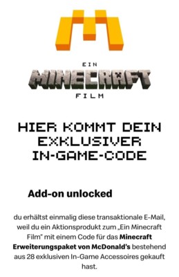 McDonalds Minecraft Erweiterungspaket Add-on 28 In-Game Accessoires Code