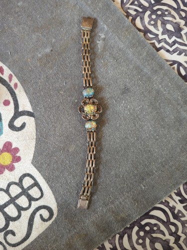 925 Sterling Silver and Fire Opal Art Glass Bracelet, Hechoen, Mexico, Vintage