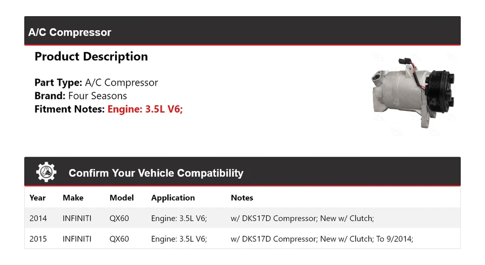 Compresor de aire acondicionado Infiniti QX60 2014-2015 3,5 L V6 4 estaciones Foto 2 de 4