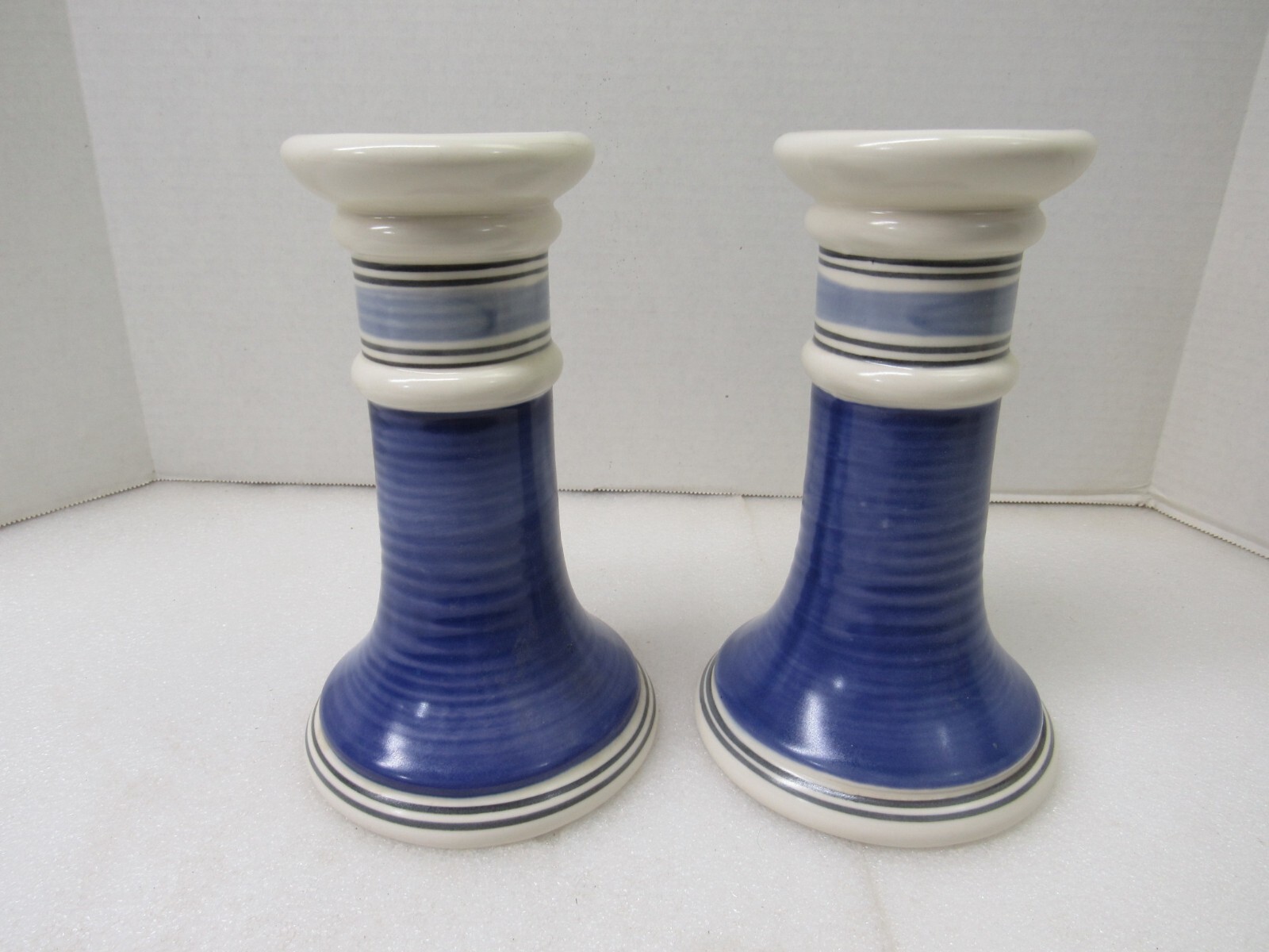 Pfaltzgraff  Set Of 2 Blue White Striped Ceramic Candle Holders Made In Mexico