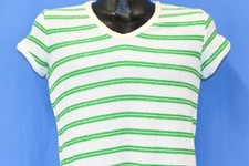 vintage 80s TERRY CLOTH WHITE GREEN STRIPE V-NECK SOFT CAP SLV t-shirt SMALL S