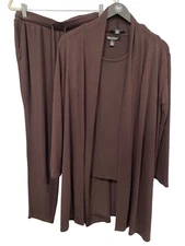Nina Leonard 3Pc Shawl Cardigan Tank and Pant Set Size Medium Coffee Bean Multi