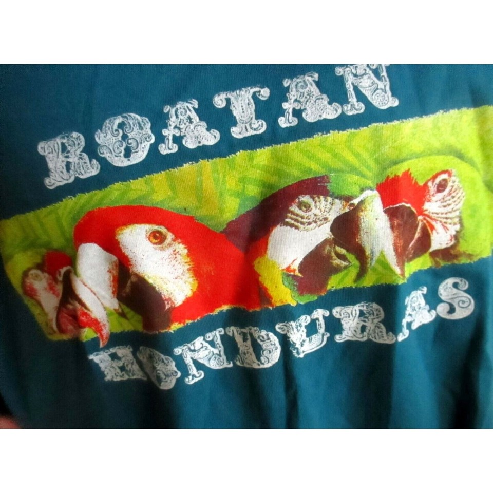 Vintage TShirt 1990s XL Roatan Honduras Parrot Graphic Aqua Blue