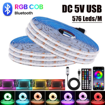 5V USB RGB COB Strip 576Led/M Bluetooth APP Control TV BackLight Home ...