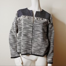 Chico s Navy grey Tweed Fringe Blazer crop length size 2 EUC